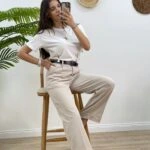 BORU PAÇA KEMERLİ PAMUK PANTOLON - TAŞ