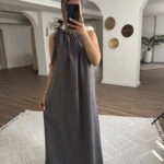 BOYUN BAĞ BÜZGÜ CEPLİ MODAL UZUN ELBİSE - ANTRASİT