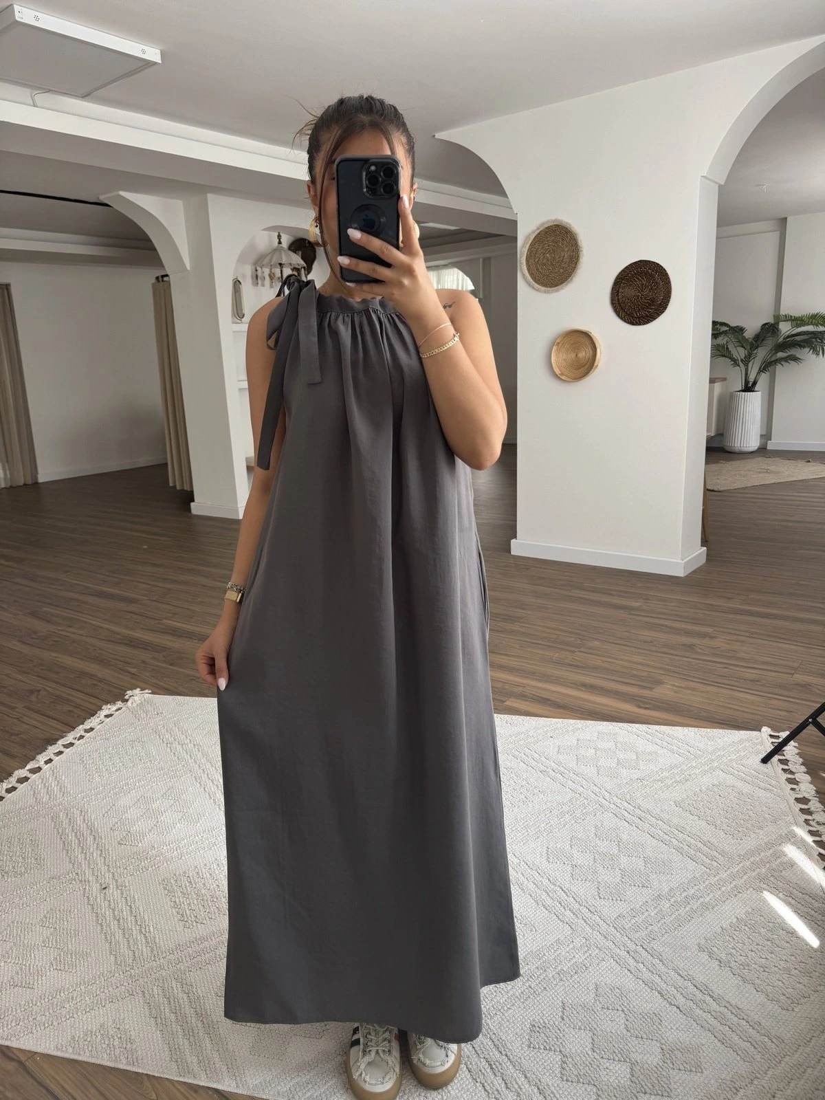 BOYUN BAĞ BÜZGÜ CEPLİ MODAL UZUN ELBİSE - ANTRASİT - Görsel 1