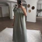 BOYUN BAĞ BÜZGÜ CEPLİ MODAL UZUN ELBİSE - ÇAĞLA YEŞİLİ