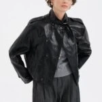 BRİT DETAY ÇİFT SIRA DÜĞME BEL LASTİK SUNİ DERİ CEKET - SİYAH