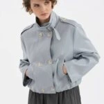 BRİT DETAY ÇİFT SIRA DÜĞME BEL LASTİK SUNİ DERİ CEKET - MAVİ