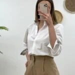 MANŞET VE YAKA BURBERY DESEN  GÖMLEK - BEYAZ