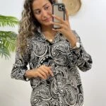 BÜYÜK ÇİÇEK DESEN PAMUK GÖMLEK - SİYAH EKRU