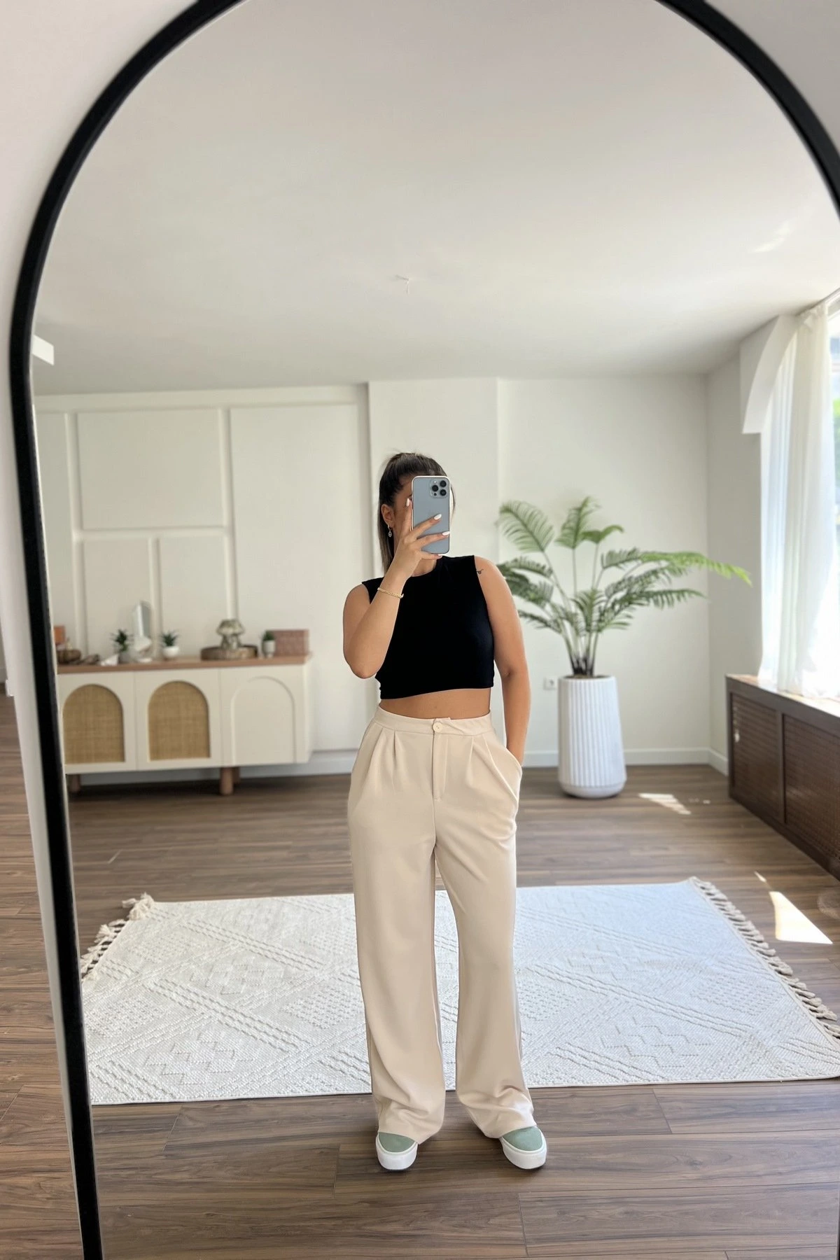 CEPLİ ÇİFT PİLE LİKRALI RAHAT PANTOLON - TAŞ - Görsel 1