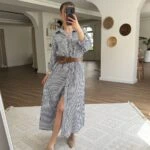 CEPLİ ÇİZGİLİ KEMERLİ TENSEL GÖMLEK ELBİSE - MAVİ