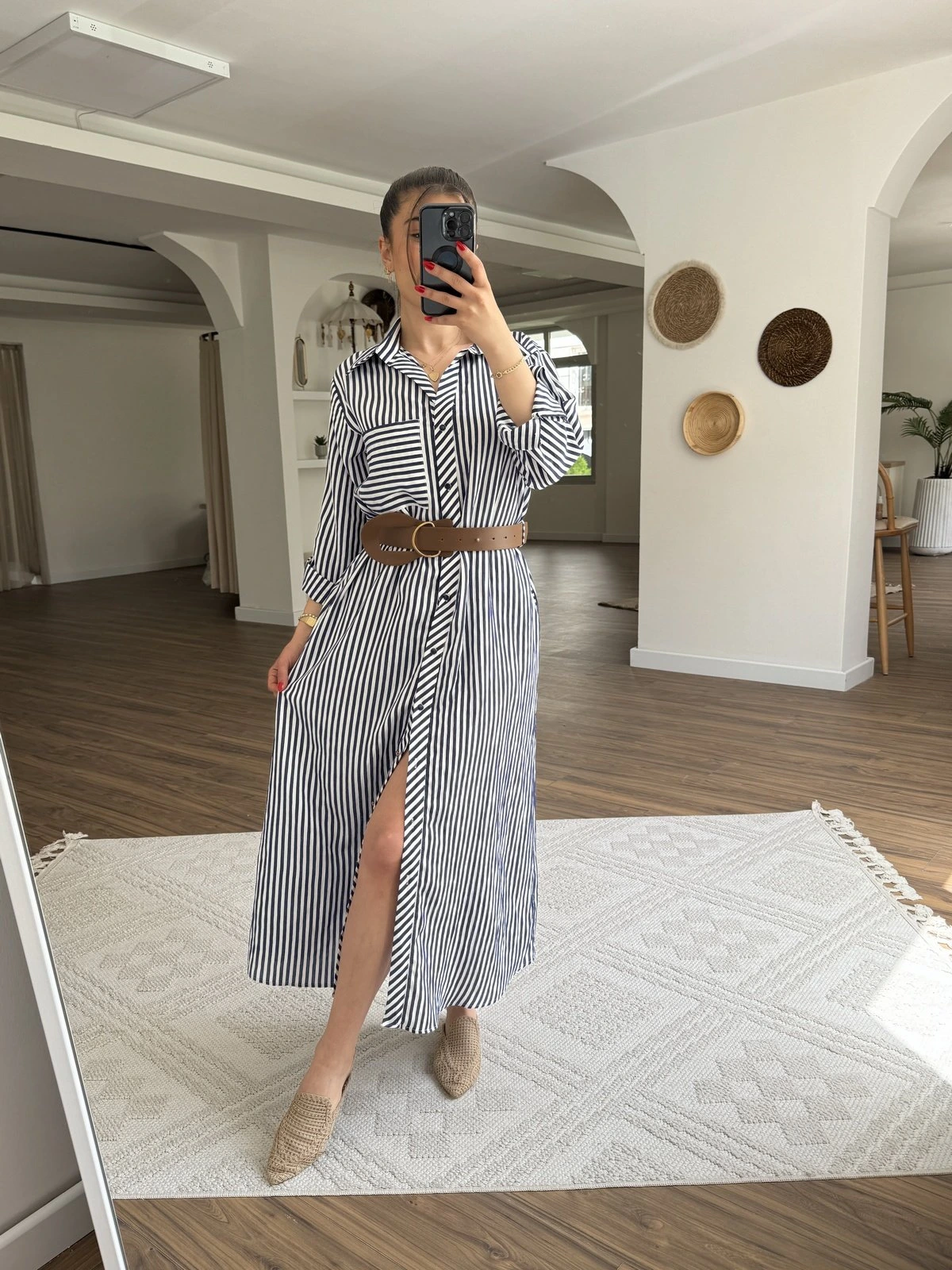 CEPLİ ÇİZGİLİ KEMERLİ TENSEL GÖMLEK ELBİSE - MAVİ - Görsel 1