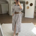 CEPLİ ÇİZGİLİ KEMERLİ TENSEL GÖMLEK ELBİSE - KAHVE