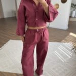 CEPLİ KENDİNDEN DESENLİ VİSKON PANTOLON - BORDO