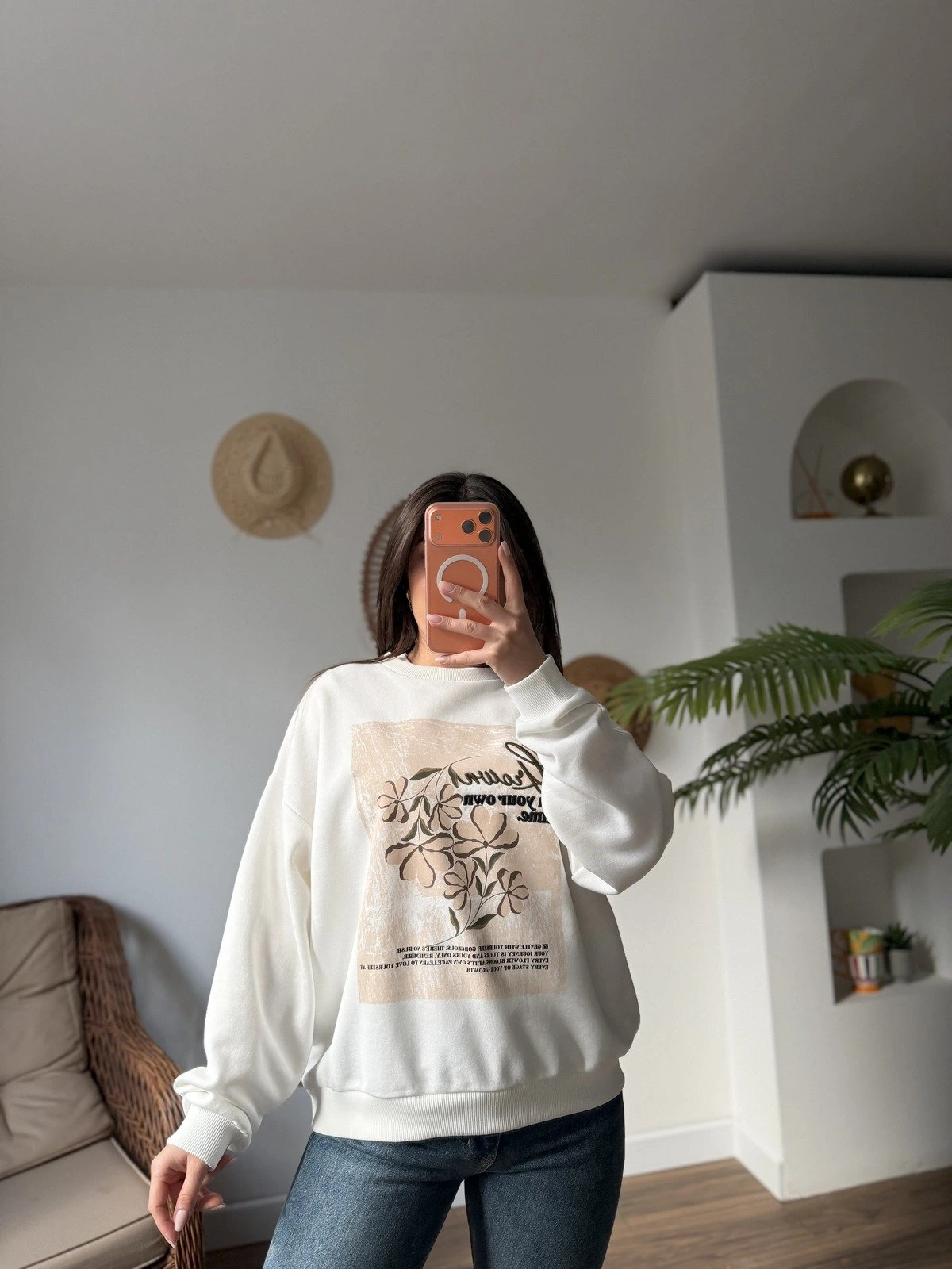 ÇİÇEK BASKI PAMUK SALAŞ SWEAT - EKRU - Görsel 1