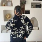 ÇİÇEK DESEN BİSİKLET YAKA KAZAK - LACİVERT EKRU