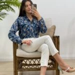 ÇİÇEK DESEN PAMUK GÖMLEK - LACİVERT