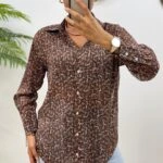 ÇİÇEK DESEN SİM ÇİZGİ GÖMLEK - KAHVE