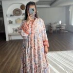 ÇİÇEK DESEN YARI PATLI TİRİL VİSKON UZUN ELBİSE - ORANGE