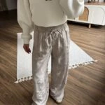 ÇİÇEK DOKU DESEN CEPLİ VİSKON RAHAT PANTOLON - TAŞ