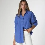 ÇİÇEK DOKULU PAMUK GÖMLEK - MAVİ