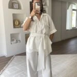 ÇİFT CEP ARKA YIRTMAÇ BAĞCIKLI GÖMLEK PANTOLON PAMUK TAKIM - BEYAZ