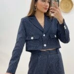 ÇİFT CEP CROP CEKET DUBLE PAÇA PANTOLON TAKIM - LACİVERT