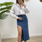 ÇİFT CEP VE KOL RENKLİ BİYE PAMUK GÖMLEK - BEYAZ