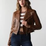 ÇİFT CEPLİ KISA DERİ CEKET - SÜTLÜ KAHVE