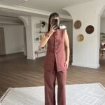 ÇİFT CEPLİ UZUN YELEK ARKA BEL LASTİK PANTOLON PAMUK TAKIM - KİREMİT