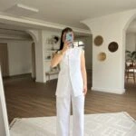 ÇİFT CEPLİ UZUN YELEK ARKA BEL LASTİK PANTOLON PAMUK TAKIM - BEYAZ