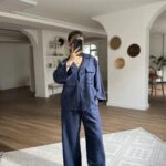 ÇİFT KAPAK CEP GENİŞ KOL VİSKON GÖMLEK PANTOLON TAKIM - LACİVERT