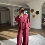 ÇİFT KAPAK CEP GENİŞ KOL VİSKON GÖMLEK PANTOLON TAKIM - BORDO