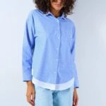 ÇİFT YAKA BEYAZ PARÇA LI ÇİZGİLİ PAMUK GÖMLEK - MAVİ BEYAZ