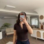 ÇITÇIT DÜĞMELİ KISA KOL PAMUK MODAL TİŞÖRT - KOYU KAHVE