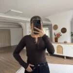 ÇITÇIT DÜĞMELİ UZUN KOL PAMUK MODAL BLUZ - KOYU KAHVE