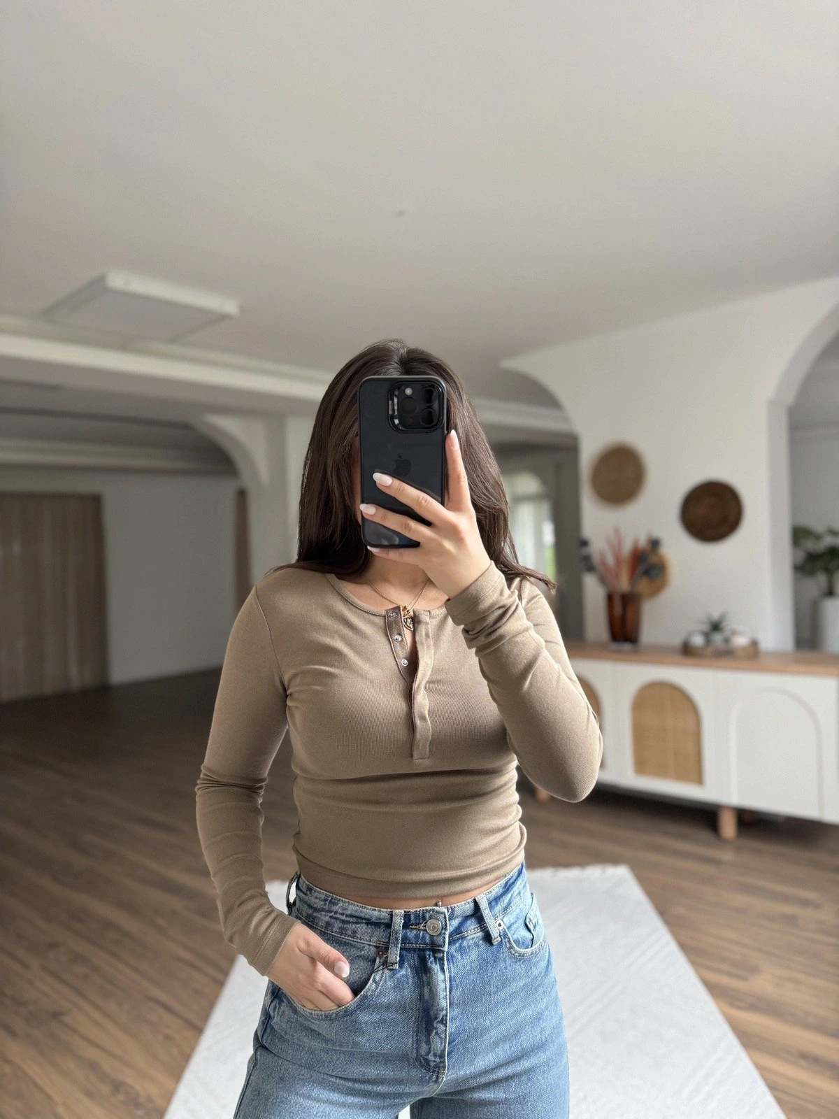 ÇITÇIT DÜĞMELİ UZUN KOL PAMUK MODAL BLUZ - VİZON - Görsel 1