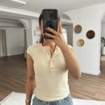 ÇITÇITLI DÜŞÜK KOL PAMUK LİKRA TİŞÖRT - BEJ