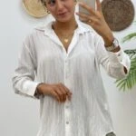 ÇİZGİ DOKULU PAMUK VİSKON GÖMLEK - BEYAZ