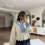 ÇİZGİ GARNİLİ TAŞ BASKI BEL BÜZGÜ MODAL SWEAT - EKRU