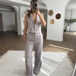 ÇİZGİLİ 2 DÜĞME YELEK PANTOLON PAMUK VİSKON TAKIM - VİZON