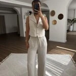 ÇİZGİLİ 2 DÜĞME YELEK PANTOLON PAMUK VİSKON TAKIM - TAŞ