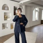 ÇİZGİLİ 4 DÜĞME CEKET PALAZZO PANTOLON VİSKON TAKIM - LACİVERT