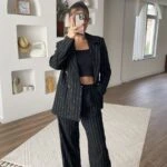 ÇİZGİLİ 4 DÜĞME CEKET PALAZZO PANTOLON VİSKON TAKIM - SİYAH