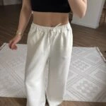 ÇİZGİLİ BEL LASTİK VİSKON KETEN BOL PANTOLON - EKRU