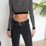 ÇİZGİLİ BİSİKLET YAKA VİSKON CROP TİRKO - SİYAH BEYAZ