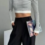 ÇİZGİLİ BİSİKLET YAKA VİSKON CROP TİRKO - BEYAZ-SİYAH