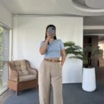 ÇİZGİLİ CEPLİ TİRİL PALAZZO PANTOLON - BEJ