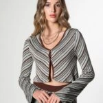 ÇİZGİLİ CROP HIRKA - MİNT YEŞİLİ