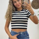 ÇİZGİLİ CROP TİŞÖRT - SİYAH BEYAZ