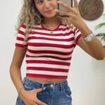 ÇİZGİLİ CROP TİŞÖRT - KIRMIZI BEYAZ