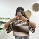 ÇİZGİLİ CROP TİŞÖRT - KAHVE