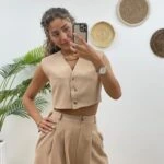 ÇİZGİLİ CROP YELEK - BEJ