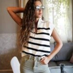 ÇİZGİLİ DİK YAKA FERMUARLI VİSKON SÜVETER - EKRU SİYAH