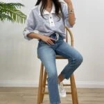 ÇİZGİLİ DİK YAKA POPLİN BLUZ - LACİVERT ÇİZGİLİ